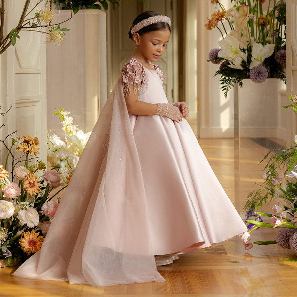 QueenLine Luxury Handmade Dusty Pink Girl Beadeds Arabic Flowers Princess Wedding Birthday Gown with Cap