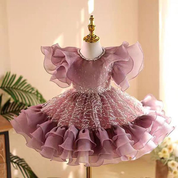 QueenLine Elegant Purple Puffy Sleeve Flower Girl Knee Length Lace Princess Baby Wedding Birthday Dress