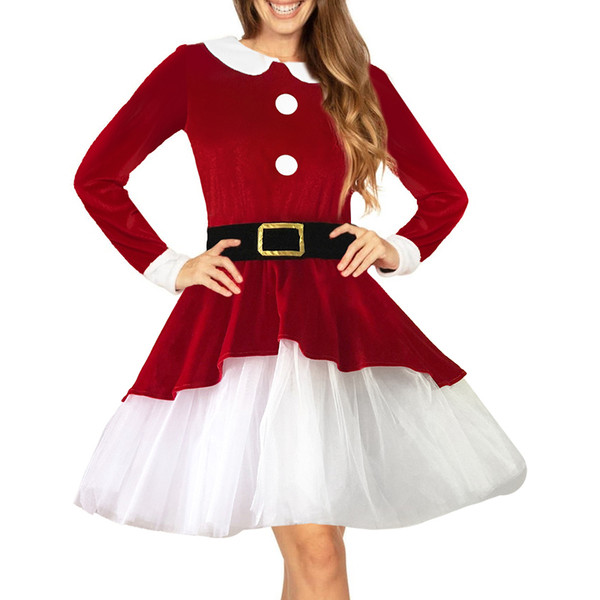 QueenLine Christmas 3Piece Santa Claus Velvet Long Sleeve Mesh Hem A-line Dress + Hat + Belt Cosplay Sets