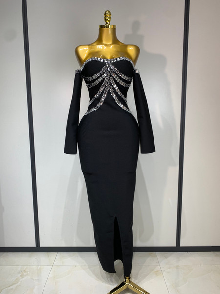 QueenLine Celebrity Luxury Elegant Crystal Diamond Off The Shoulder Bandage Long Sleeve Evening Dress