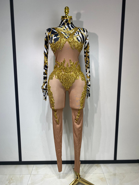 QueenLine Luxury Celebrity Sexy Stretch Bodycon gloves Shiny Gold Rhinestone Singer Dancer Evening Jumpsuit