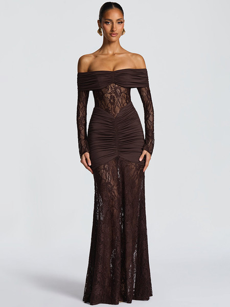 QueenLine Off-shoulder Lace See Through Strapless Backless Bodycon Long Sleeve Sexy Maxi Dress