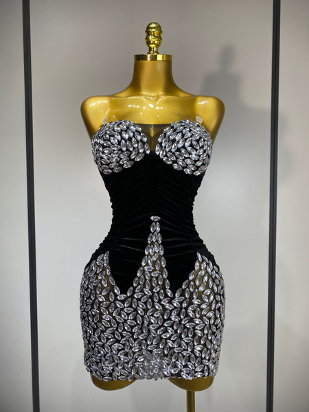 QueenLine Celebrity Elegant Sexy Bodycon Shear Nightclub Birthday Singer Shining Diamond Stage Mini Evening Dress