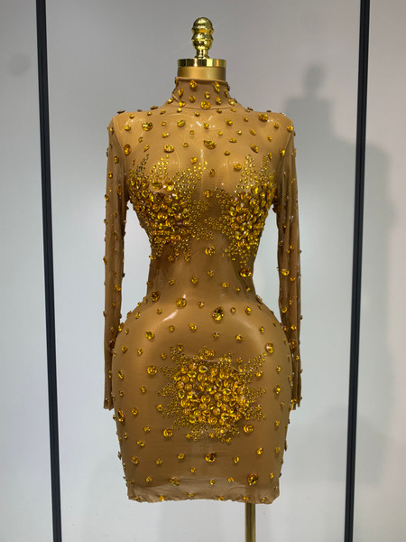 QueenLine Luxury Celebrity Gold Rhinestones Sparkly See Through Mini Evening Dress