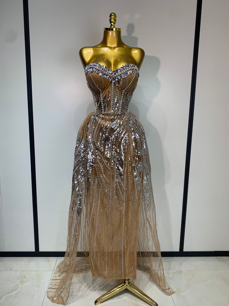 QueenLine Luxury Sexy Strapless Mesh See Through Crystal Maxi Evening Dress