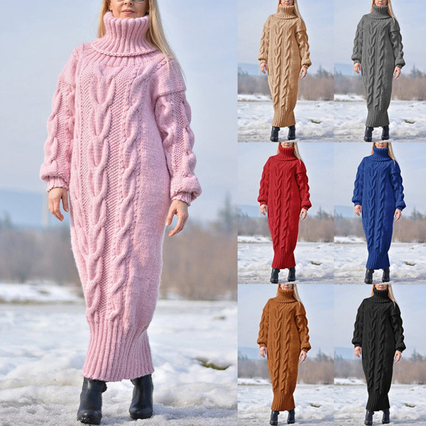QueenLine High Neck Knitted Pullover Soft Warm Solid Color Oversize Bodycon Jumper Long Sleeve Sweater Dress