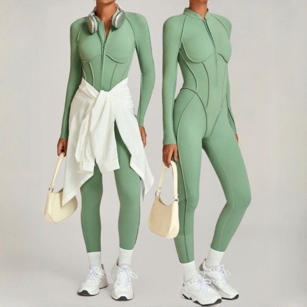 QueenLine One-piece Zipper Long-Sleeved Yoga Jumpsuits Hip-Lifting Slimming Sports Fitness Gym  Workout Bodysuits