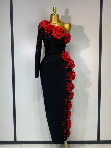 QueenLine Elegant Luxury Celebrity Black Single Sleeve  Red Appliquies Rhinestones Birthday Evening Bandage Dress