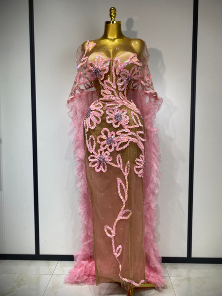 QueenLine Luxury Celebrity Mesh See Through Sequins Pink Maxi Long Sparkly Sequin Evening Dress