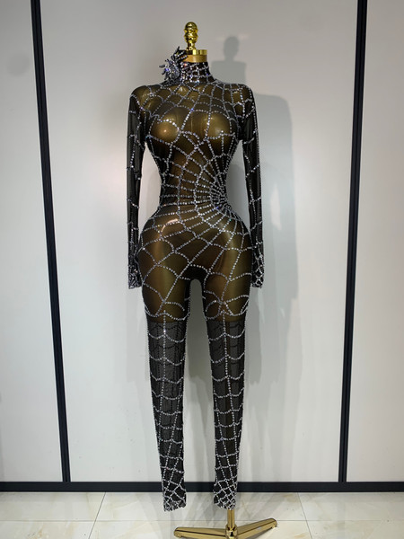 QueenLine Celebrity Luxury Rhinestones See Through  Performance Evening Sexy Jumpsuit