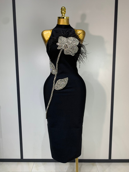 QueenLine Celebrity Elegant Luxury Diamonds Feather Black Bodycon Bandage Evening Dress