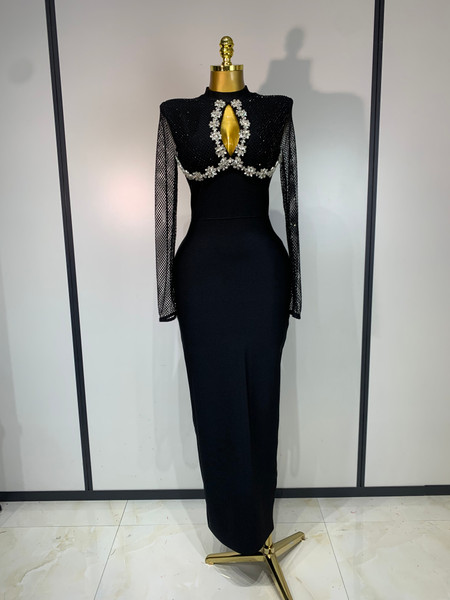 QueenLine Celebrity Elegant Knitted Sexy Long Sleeve Beading Black Maxi Long Bandage Evening Bodycon Dress