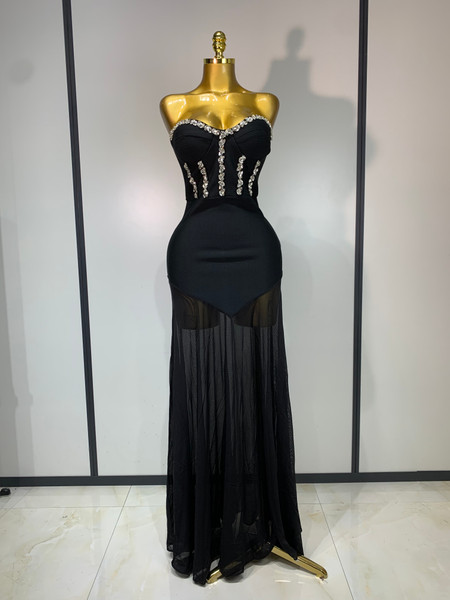 QueenLine Elegant Luxury Slim Sexy Sleeveless Strapless Mesh Patchwork Bodycon Long Bandage Black Diamonds  Evening Dress