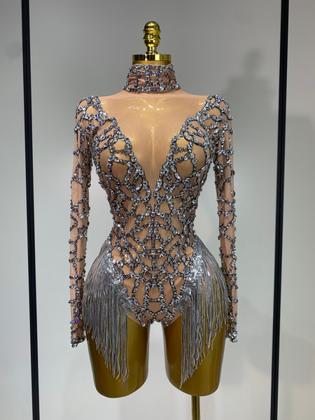 QueenLine High Quality Celebrity Luxury Shining Diamond Tassel Tight Mesh Long Sleeved Bodysuit