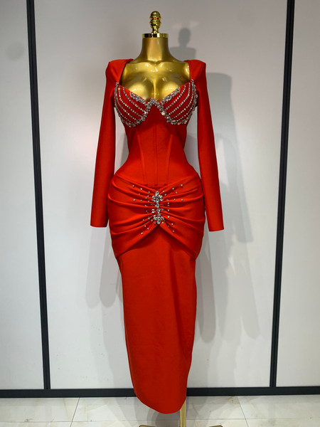 QueenLine Elegant Celebrity Luxury Sparkly Diamond Bandage Long Sleeve Bodycon Evening Dress