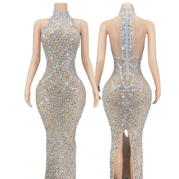 QueenLine Elegant Illusion Sexy Rhinestone Shiny Silver Sleeveless Plus Size Neck Long Dress