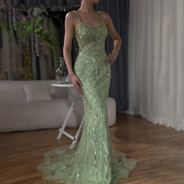 QueenLine Customized Saudi Sage Green Beaded Caramel Spaghetti Strap Mermaid Evening Dress