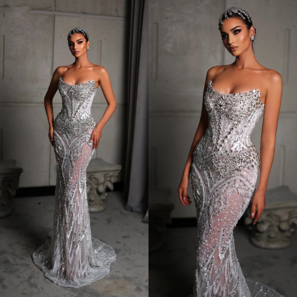 QueenLine Exquisite Crystal Sheath Beaded Sleeveless Floor Length Customized Wedding Dress