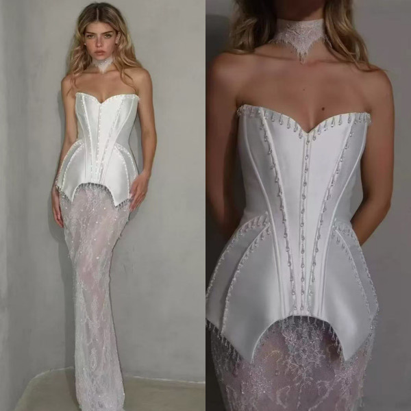 QueenLine Sexy Beaded Crystal Strapless Sheath Vintage Lace Sleeveless Customized Wedding Dress