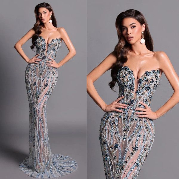 QueenLine Elegant Illusion Customized Sexy Strapless Mermaid Sleeveless Beading Lace Prom Floor Length Evening Gown