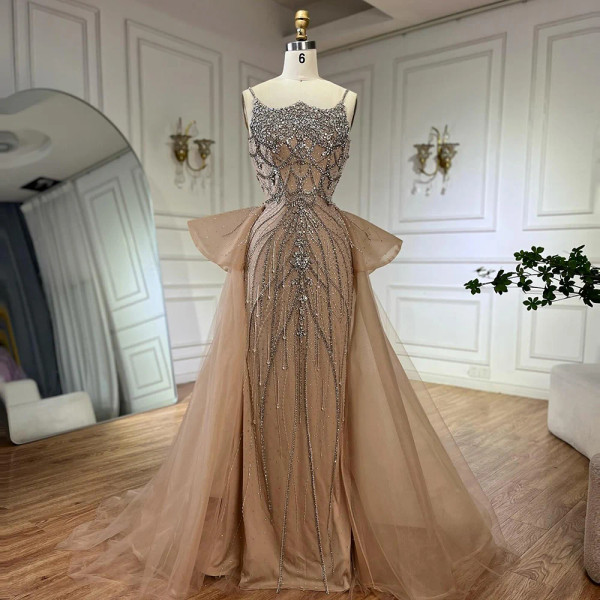 QueenLine Customized Nude Saudi Beaded Spaghetti Strap Evening Gowns with Overskirt