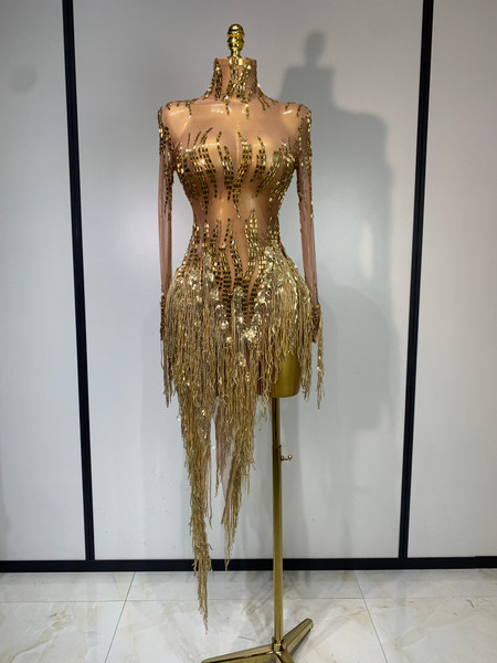 QueenLine Luxury Celebrity Stage Costume Sparkly Rhinestone Golden Tassel Mesh Evening Dress