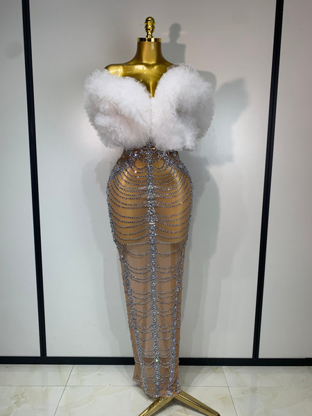 QueenLine Celebrity Luxury Rhinestones Mesh See Through Strapless Long Sexy Evening Dress