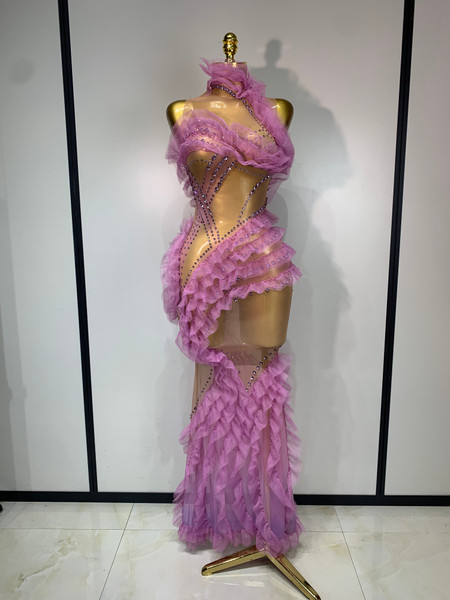 QueenLine Celebrity Luxury Sexy Sparkly Rhinestone Ruffled Mesh See Through Long Evening Dress