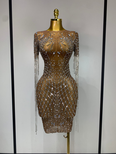 QueenLine Luxury Celebrity Rhinestones Tassel Transparent Mesh Sexy Sparkly Stage Costume Evening  Dress
