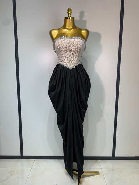 QueenLine Luxury Sexy Sequin Florals Strapless Lace Backless Patchwork Split Pleated Maxi Long Evening Dress