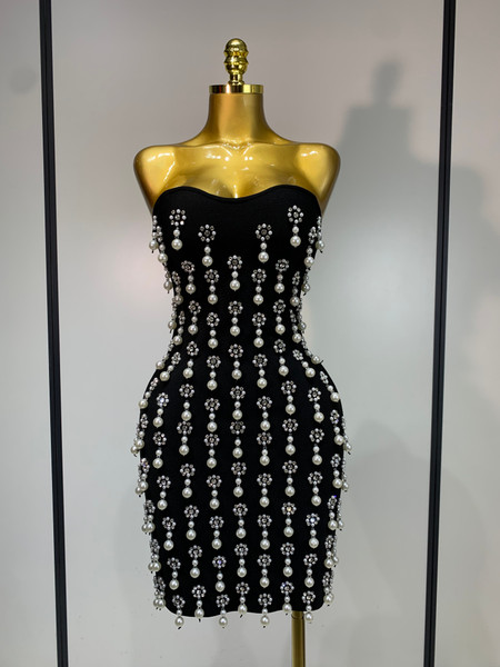 QueenLine Celebrity Elegant Sexy Strapless Shinning Diamond Bodycon Bandage Evening Dress
