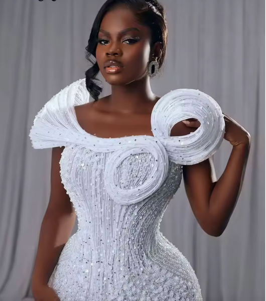 QueenLine Plus Size 3D Pleated Long Customized White Prom Bridal Dress