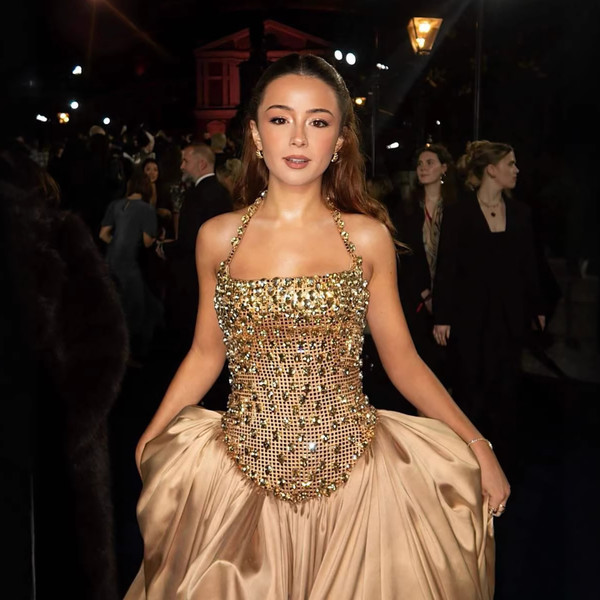 QueenLine Luxury Gold Diamond Beaded Halter Ball Customized Evening Dress