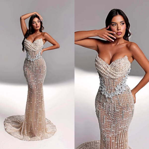 QueenLine Luxurious Customized Sexy Crystal Strapless Beading Sleeveless Glitter Appliques Evening Prom Gown