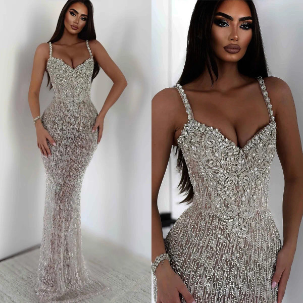 QueenLine Gorgeous Customized Crystal Elegant Beaded Spaghetti Straps Floor Length Rhinestones Evening Dress