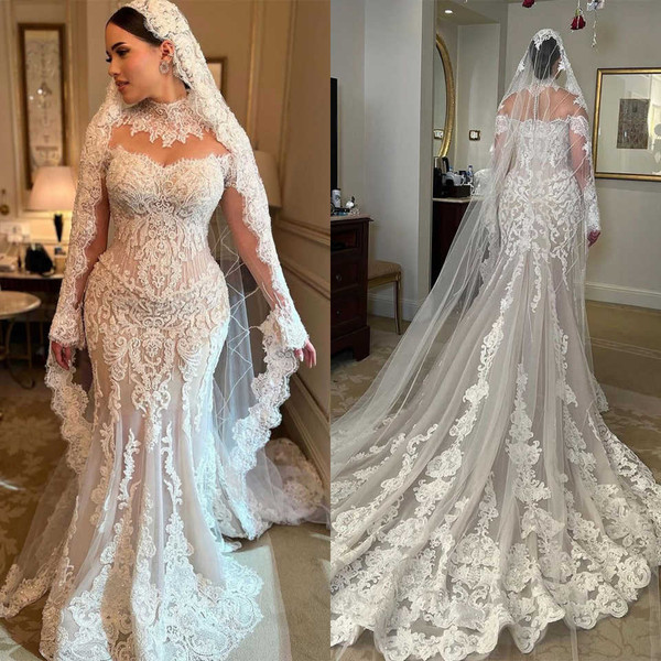 QueenLine Customized Classic Mermaid Lace Appliques Long Sleeve High Neck Sweep Train Wedding Dress