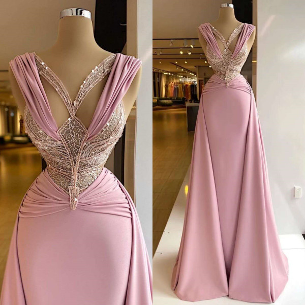 QueenLine Customized Appliques Sequins Stunning Mermaid V Neck Sleeveless Evening Dress