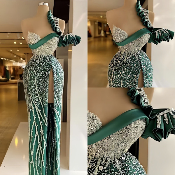 QueenLine Elegant Customized One Shoulder Sleeveless High Split Crystal Beadeds Mermaid Evening Gowns