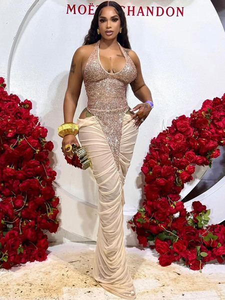 QueenLine Luxury Sexy Glitter Sequins Sheer Mesh Patchwork Cut Out Ruched Bodycon Maxi Evening Dress
