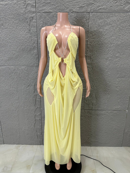 QueenLine Luxurious Floowy Draped Sheer Mesh Halter Sexy Rhinestone Chain Cutout Beach Evening Maxi Dress