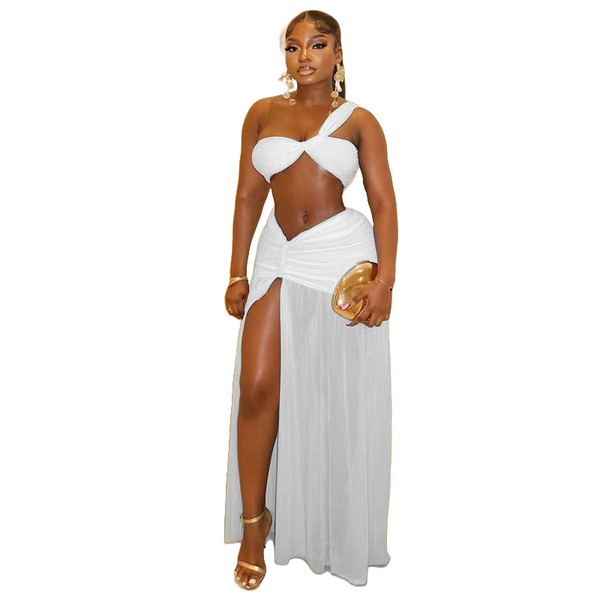 QueenLine Luxury One-Shoulder Strap Crop Bra Tops & Gauze Spliced Draped Split Long Skirt, 2pcs Set