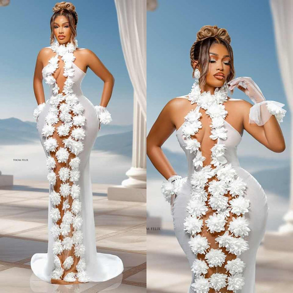 QueenLine Customized Arabia Mermaid Illusion Hand Made Flowers Sexy Bridal Gowns Bride Dress