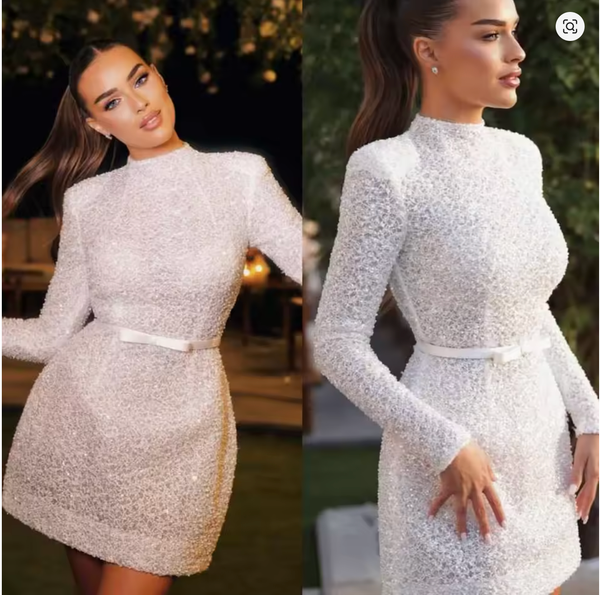 QueenLine Luxury Customized Civil Short O Neck Long Sleeve Mini Straight Pearls Courthouse Bridal Gowns