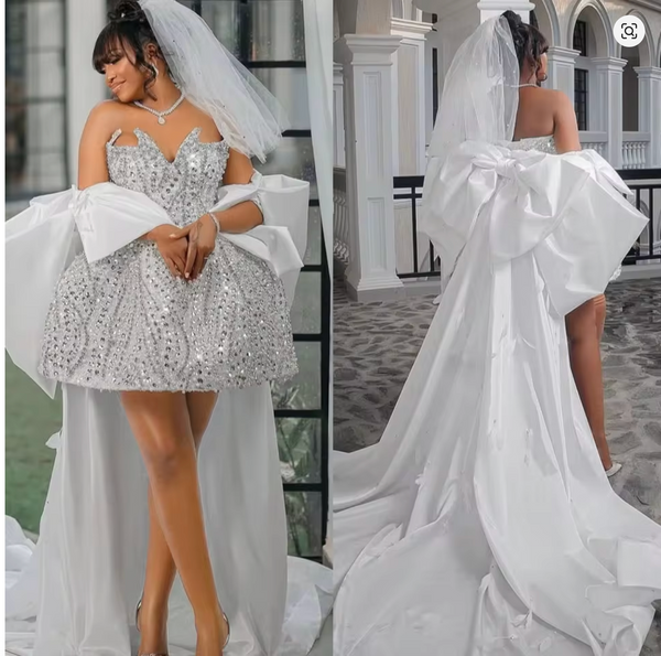 QueenLine Luxury Customized Short Crystal Sequins African Reception Civil Wedding Dress With Cape Corset