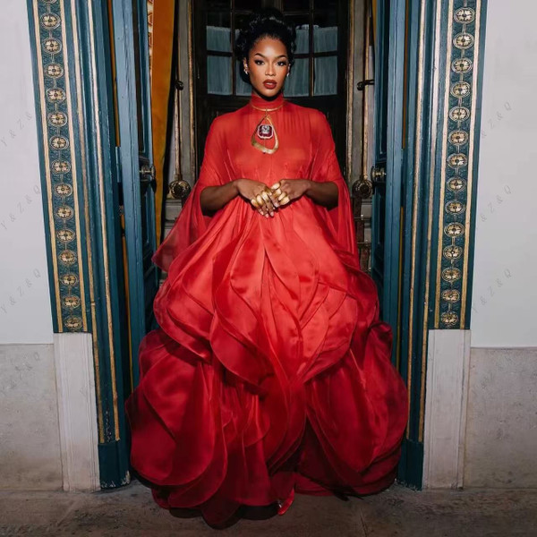 QueenLine Celebrity Elegant Couture Custom Made Red Long Prom Layered Luxury Tiered Maxi Dress with Sleeves