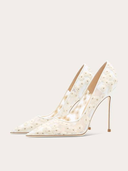 QueenLine Elegant Mesh White High Heels Luxury Style  Daisy Embroidered Flower With Skirt