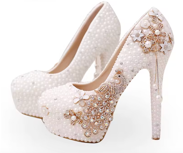 QueenLine White pearl beads high Luxury peacock high  Bridal Pumps