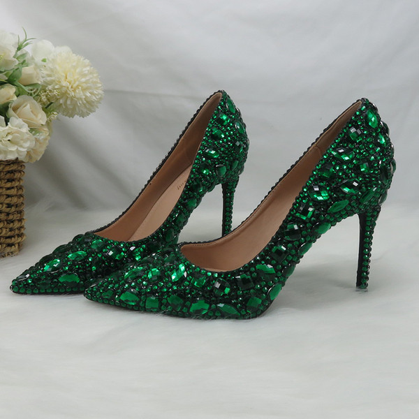 QueenLine Green Crystal Thin Heel Pointed Toe Bridal High Pumps