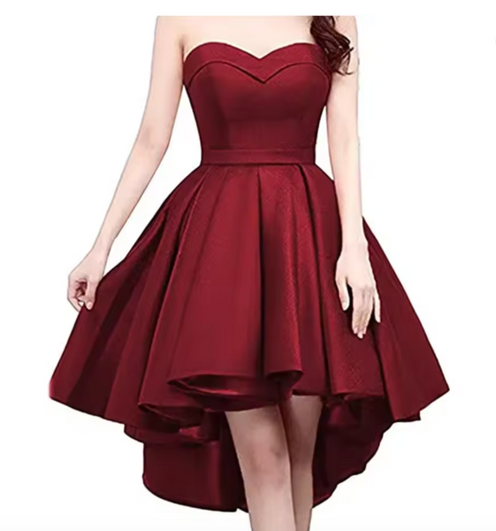 QueenLine Customized Luxury Strapless Sweetheart High-Low Satin Short Homecoming Dress