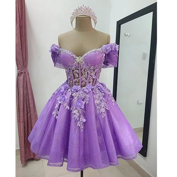 QueenLine Customized Sparkly Tulle Beaded Lace Off the Shoulder Corset Short Homecoming Dress